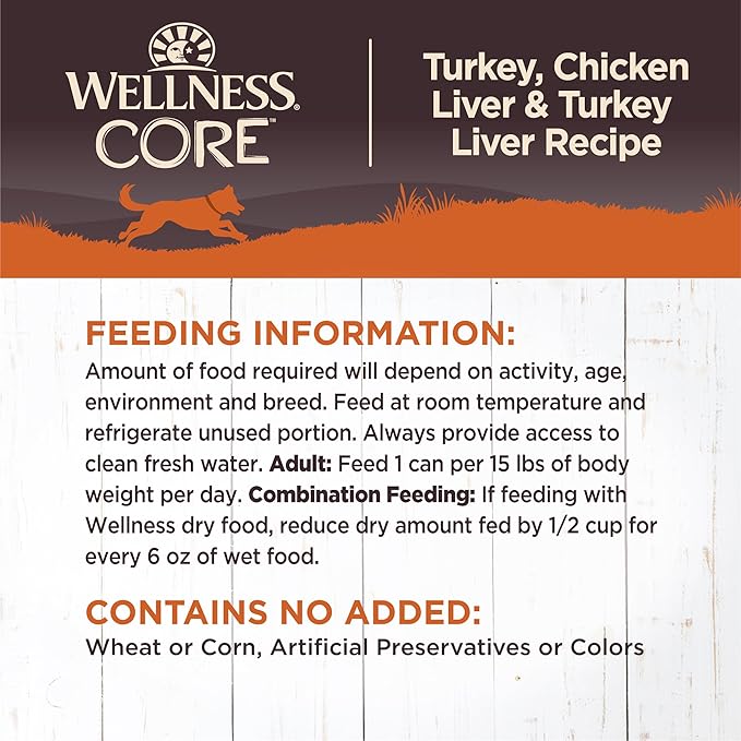 Wellness Natural Pet Food CORE Natural Wet Grain Free Canned Dog Food, Turkey & Chicken, 12.5-Ounce Can (Pack of 12)
