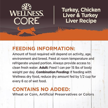 Wellness Natural Pet Food CORE Natural Wet Grain Free Canned Dog Food, Turkey & Chicken, 12.5-Ounce Can (Pack of 12)