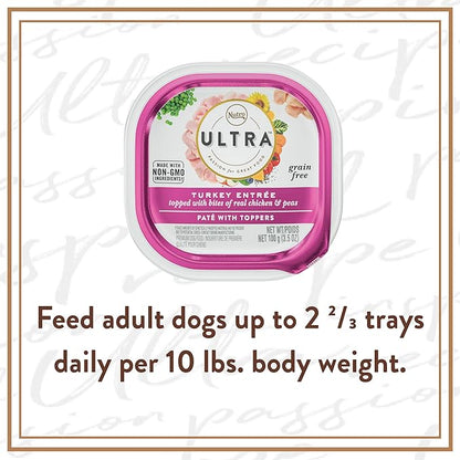 NUTRO ULTRA Grain Free Adult Soft Wet Dog Food Paté With Toppers Turkey Entrée topped with bites of real chicken & peas, 3.5 oz. Trays, Pack of 24