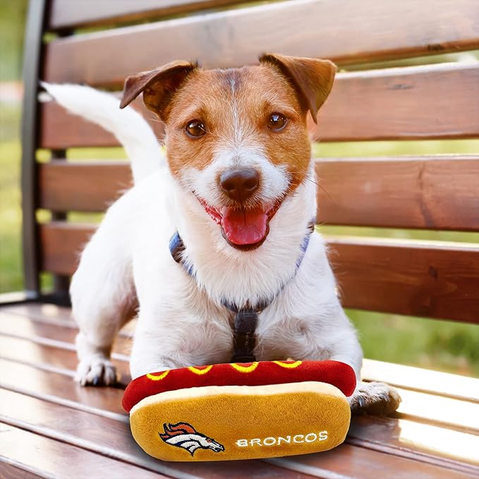 Pets First NFL Denver Broncos HOT Dog Plush Dog & CAT Squeak Toy - Cutest HOT-Dog Snack Plush Toy for Dogs & Cats with Inner Squeaker & Beautiful Football Team Name/Logo, 8 x 5 x 3 Inches (DEN-3354)