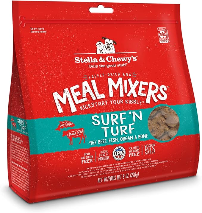 Stella & Chewy's Freeze Dried Raw Surf & Turf Meal Mixer – Dog Food Topper for Small & Large Breeds – Grain Free, Protein Rich Recipe – 8 oz Bag