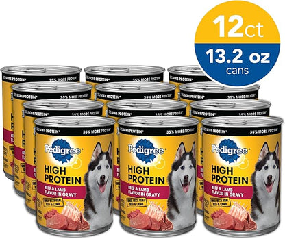 PEDIGREE High Protein Adult Canned Wet Dog Food, Beef & Lamb Flavor in Gravy, (12) 13.2 oz. Cans