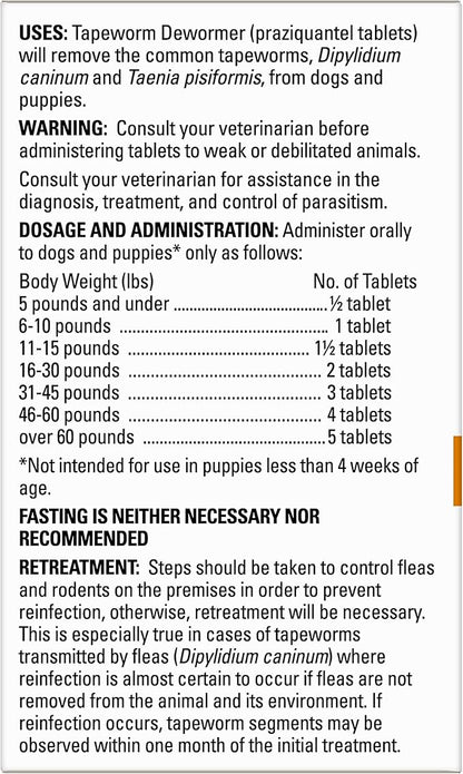 Elanco Tapeworm Dewormer (praziquantel tablets) for Dogs, 5 Count (Pack of 1) Praziquantel Tablets for Dogs and Puppies 4 Weeks and Older