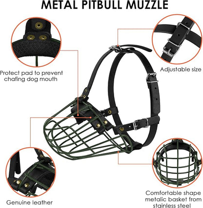 Pitbull Dog Muzzle Metal Mask Amstaff Secure Wire Basket Adjustable Durable Leather Straps for Large Dogs (Green)