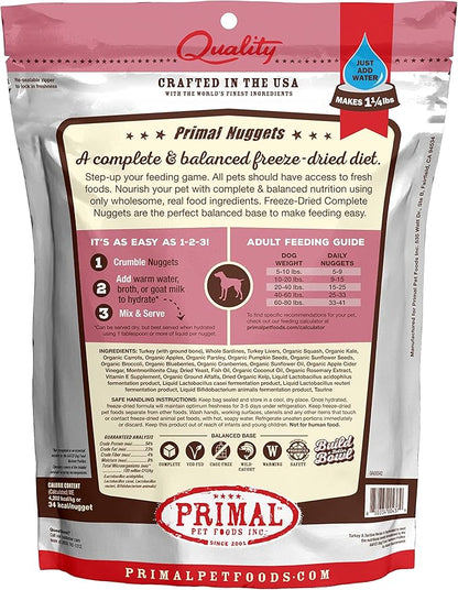Primal Freeze Dried Dog Food Nuggets, Turkey & Sardine; Complete & Balanced Meal; Also Use as Topper or Treat; Premium, Healthy, Grain Free, High Protein Raw Dog Food, 5.5 oz