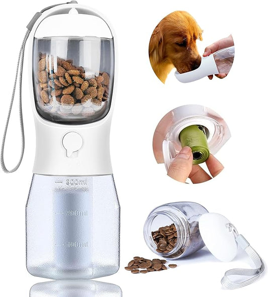 Dog Water Bottle with Food Container, Portable Pet Dog Water Dispenser for Outdoor Walking,Hiking,Travel,Puppy essentials,Puppy supplies,Replaceable Waste Bags