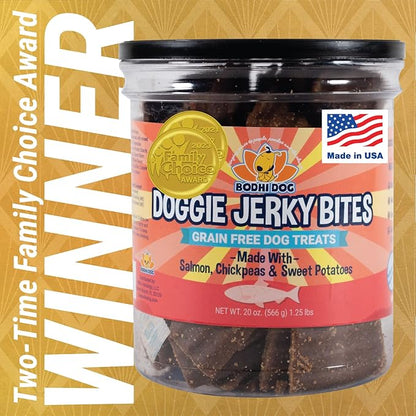 Premium Healthy Dog Jerky Treats | Grain Free Salmon Dog Treat Bites | Natural Snack Made with Salmon, Chickpeas & Sweet Potatoes | No Corn, Wheat or Soy