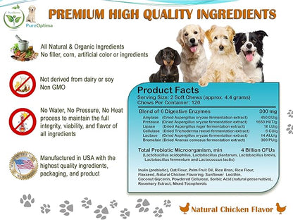 Probiotics Chews for Dogs, Digestive Enzymes + Prebiotics Improves Digestion, Diarrhea, Constipation, Gas, Bad breath, Leaky gut, Allergy Immunity Daily Supplement 120 Counts