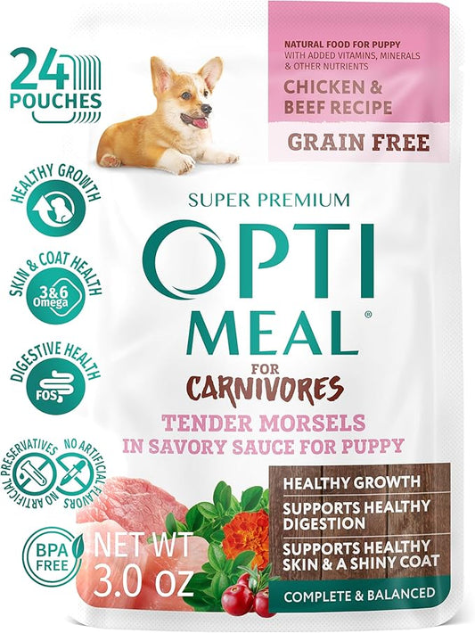 OPtimeal No-Grain Wet Dog Food for Puppies - Proudly Ukrainian - Puppy Food Wet Recipe for Healthy Digestion, Non-Grain Wet Puppy Food for Growing Pups (4.5lbs Total (24 Pouches), Chicken & Beef)