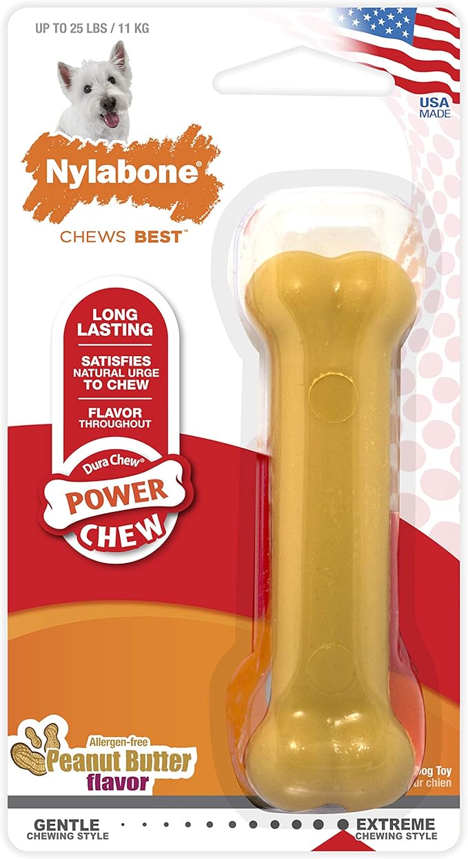 Nylabone Power Chew Classic Bone Chew Toy for Dogs, Durable Dog Toys for Aggressive Chewers, Peanut Butter Flavor, Small/Regular - Up to 25 Ibs. (1 Count)