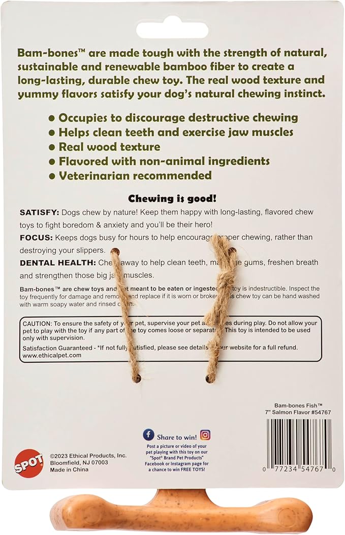 SPOT Bam-Bones Fish - Made with Strong Bamboo Fiber, Durable Long Lasting Dog Bone for Light to Moderate Chewers, Great Chew Toy for Adult Dogs & Teething Puppies Under 50lbs, 7in, Salmon Flavor