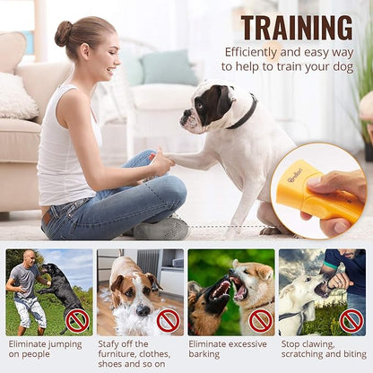 Ultrasonic Clicker Dog Trainer: Anti-Bark Dog Training Equipment and Barking Control Device - Electronic Clicker Trainer for Walking Jogging and Aggressive Behavior - Handheld and Portable (Yellow)
