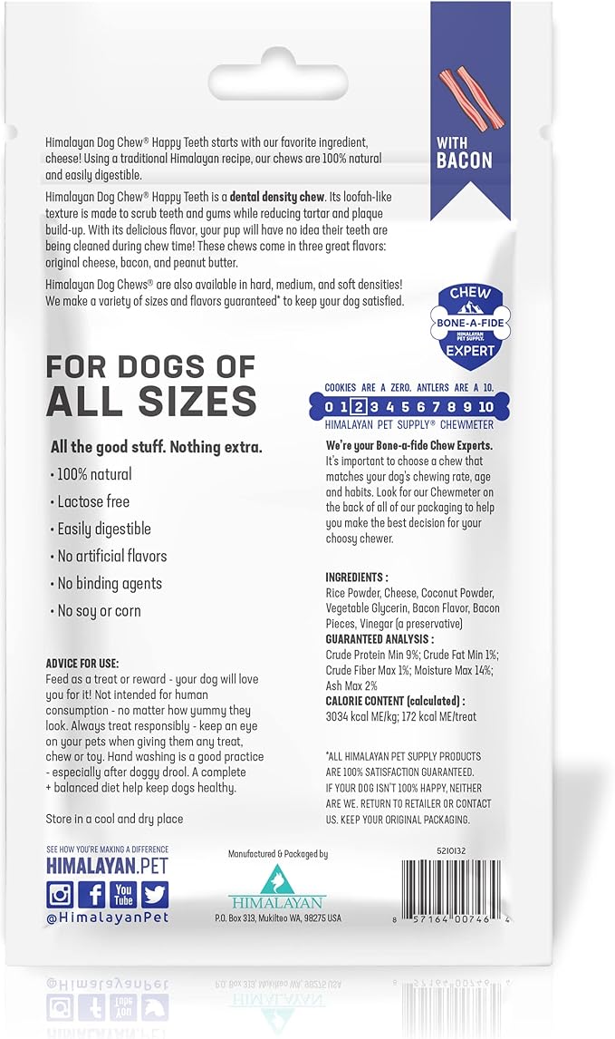 Himalayan Dog Chew Happy Teeth Yak Cheese Dog Chews Dental Chews, 100% Natural, Long Lasting, Gluten Free, Healthy & Safe Dog Treats for Oral Health, Lactose & Grain Free, Protein Rich, Bacon, 2 Chews
