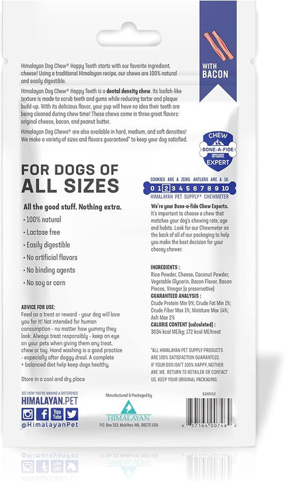 Himalayan Dog Chew Happy Teeth Yak Cheese Dog Chews Dental Chews, 100% Natural, Long Lasting, Gluten Free, Healthy & Safe Dog Treats for Oral Health, Lactose & Grain Free, Protein Rich, Bacon, 2 Chews