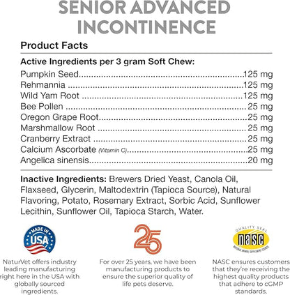 NaturVet Senior Advanced Incontinence Dog Supplement – Helps Support Dog’s Bladder Control, Normal Urination – Includes Synergistic Blend of Botanicals – 60 Ct. Soft Chews