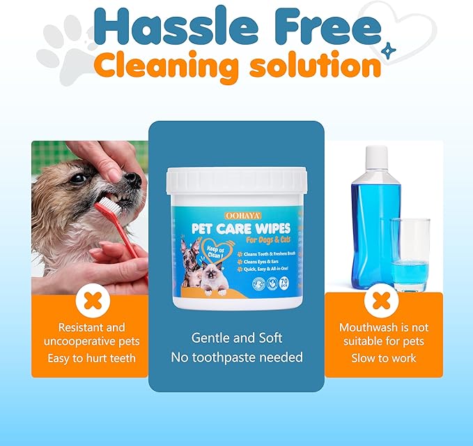 3-in-1 Pet Finger Wet Wipes for Dogs & Cats, Soft Disposable Finger Towels for Eye, Ear, & Dental Care, Freshen Breath with Deep Teeth Cleaning Support, Pack of 70