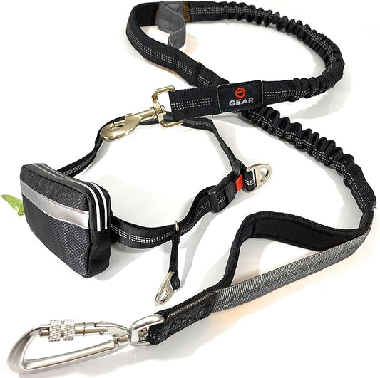 Hands Free Dog Leash with Locking Carabiner | Waterproof Running Dog Leash with Zipper Pouch, Dual Padded Handles and Durable Bungee for Active Dogs and Lifestyles