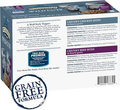 Blue Buffalo Wilderness Trail Toppers Wild Cuts Wet Dog Food Variety Pack, High-Protein & Grain-Free, Made with Natural Ingredients, Chicken and Beef Flavors, 3-oz. Pouches, (12 Count, 6 of Each)