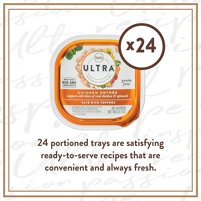 NUTRO ULTRA Grain Free Adult Soft Wet Dog Food Paté With Toppers Chicken Entrée topped with bites of real chicken & spinach, 3.5 oz. Trays, Pack of 24