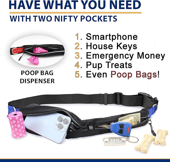 Hands Free Dog Leash for 2 dogs - 2 Convenient Pouches on This Nifty Hands Free Leash - Padded Handles and 2 Tough Bungees - Perfect waist leash for dog walking, running or adventuring