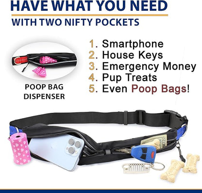 Hands Free Dog Leash for 2 dogs - 2 Convenient Pouches on This Nifty Hands Free Leash - Padded Handles and 2 Tough Bungees - Perfect waist leash for dog walking, running or adventuring