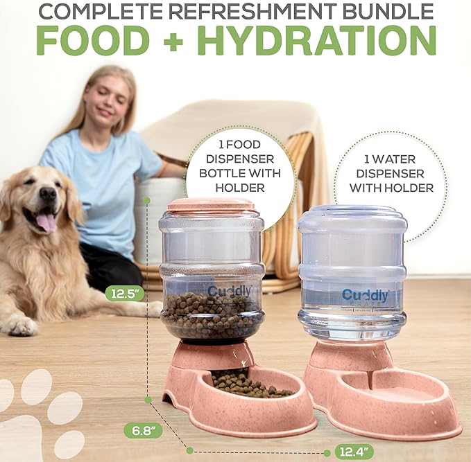 2 Pack Self Feeding Dog Food and Water Dispenser - 3.75L Automatic Pet Feeder for Small & Medium Dogs, Spill Proof Gravity Cat Feeder and Water Dispenser (Pink)