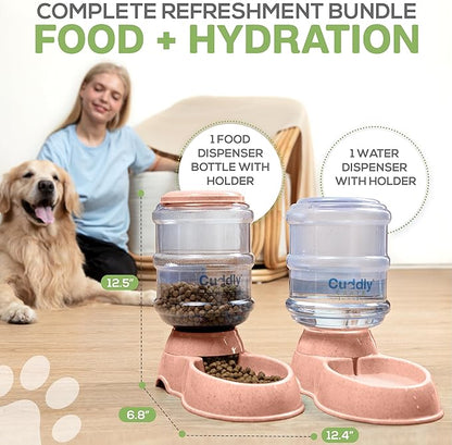 2 Pack Self Feeding Dog Food and Water Dispenser - 3.75L Automatic Pet Feeder for Small & Medium Dogs, Spill Proof Gravity Cat Feeder and Water Dispenser (Pink)
