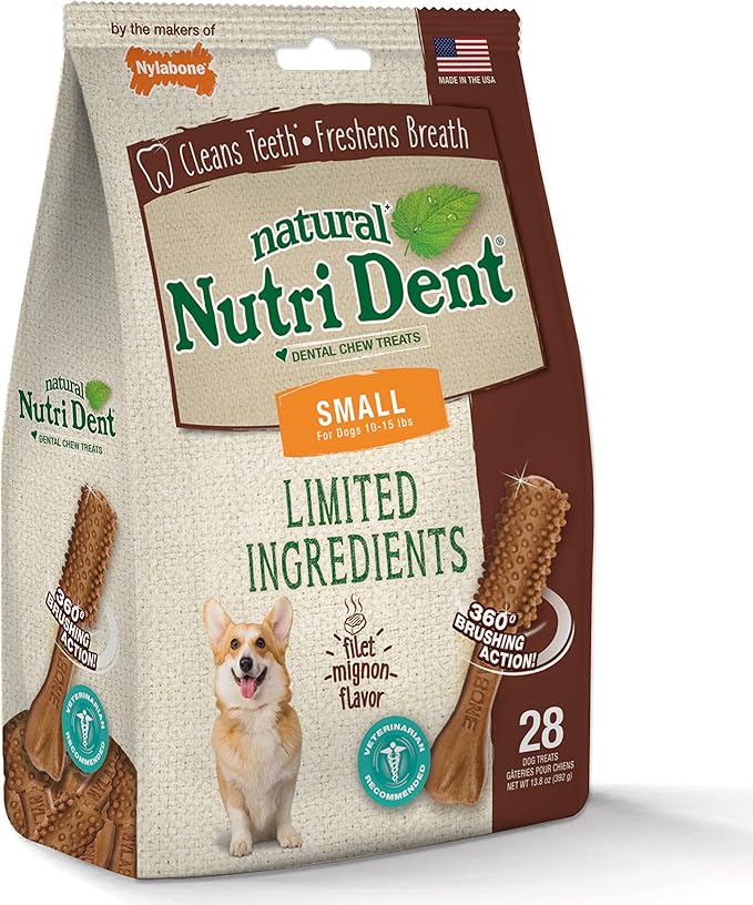 Nylabone Nutri Dent Dog Dental Chews - Natural Dog Teeth Cleaning & Breath Freshener - Dental Treats for Dogs - Filet Mignon Flavor, Small (28 Count)