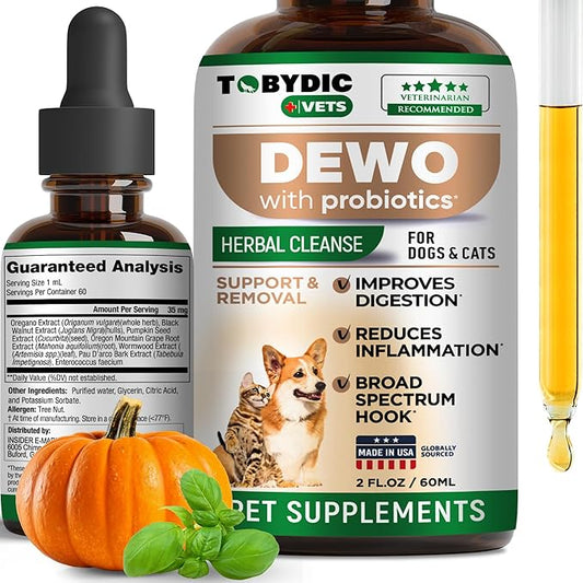 Broad Spectrum Herbal Medicine with Probiotic for Cats & Dogs - Treatment Helps to Remove Tapeworm, Whipworm, Roundworm, and Hookworm - Medication & Supplement Drops - Made in USA