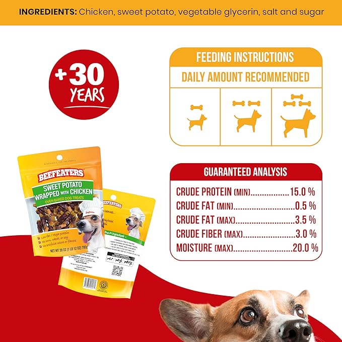 Beefeaters Dog Treats - Sweet Potato Wrapped with Chicken 28oz | Dog Food No Corn/Wheat/Soy/Gluten | Low Fat, Grain-Free, Perfect for Training & Rewards | Dog Training Treats for All Dog Sizes