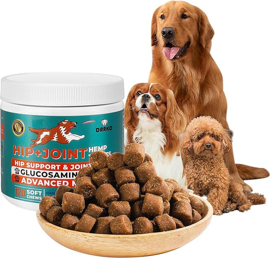 Hip & Joint Supplement for Dogs - with Hemp Oil, Glucosamine, Chondroitin, MSM, Green Lipped Mussel, Natural Joint Pain Relief, Improve Mobility, Reduces Discomfort,120 Chews