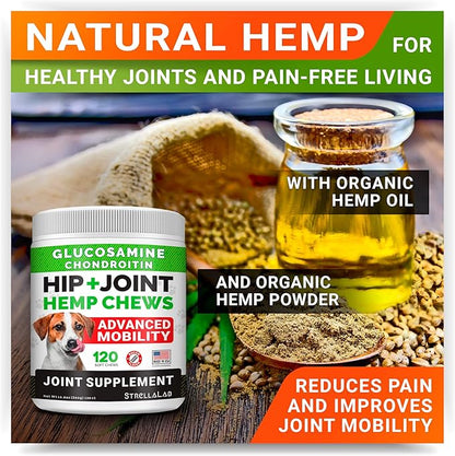 Hemp + Glucosamine Dog Joint Supplement - Hemp Chews for Dogs Hip Joint Pain Relief - Omega 3, Chondroitin, MSM - Advanced Mobility Hemp Oil Treats - Bacon Flavor - 120 Ct - Made in USA