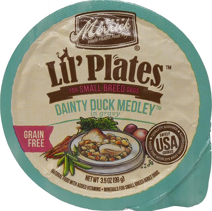 Merrick Lil' Plates Grain Free Small Breed Dog Food 4 Flavor 8 Can Variety (2) each: Texas Steak, Dainty Duck, Beef Stew, Lamb Chop Stew (3.5 Ounces) - Plus Squeak Toy and Fun Facts Booklet Bundle