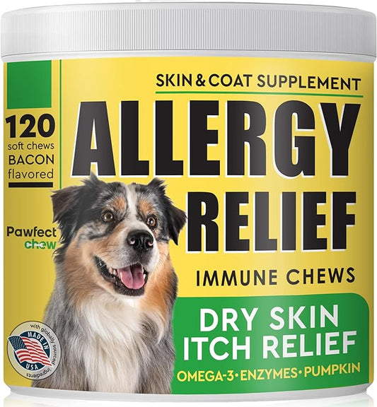Dog Allergy Relief Chews - Anti-Itch Skin Coat Supplement - Itchy Skin Relief Treatment Pills w/Omega 3 Fish Oil - Itching & Paw Licking - Dry Skin & Hot Spots - 120 Immune Treats - Bacon