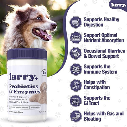 Dog Probiotics and Digestive Enzymes by Larry | 1 Billion CFUs of Probiotics for Dogs | Digestion, Bowel Support, & Gut Health for Dogs | Probiotic Chew for Dogs All Breeds & Sizes, (60 Soft Chews)