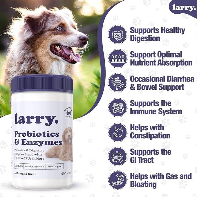 Dog Probiotics and Digestive Enzymes by Larry | 1 Billion CFUs of Probiotics for Dogs | Digestion, Bowel Support, & Gut Health for Dogs | Probiotic Chew for Dogs All Breeds & Sizes, (60 Soft Chews)