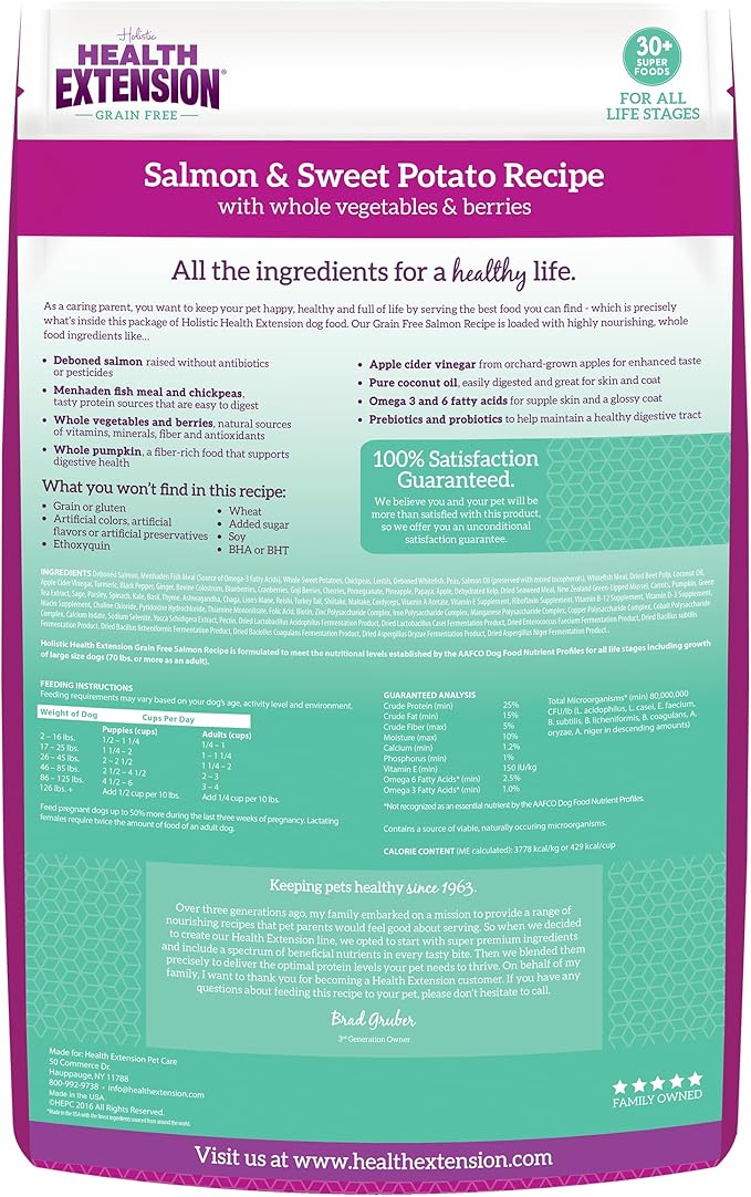 Health Extension Dry Dog Food, Natural Food with added Vitamins & Minerals, Suitable for All Puppies, Grain Free, Salmon & Sweet Potato Recipe with Whole Vegetable & Berries (1 Pound)