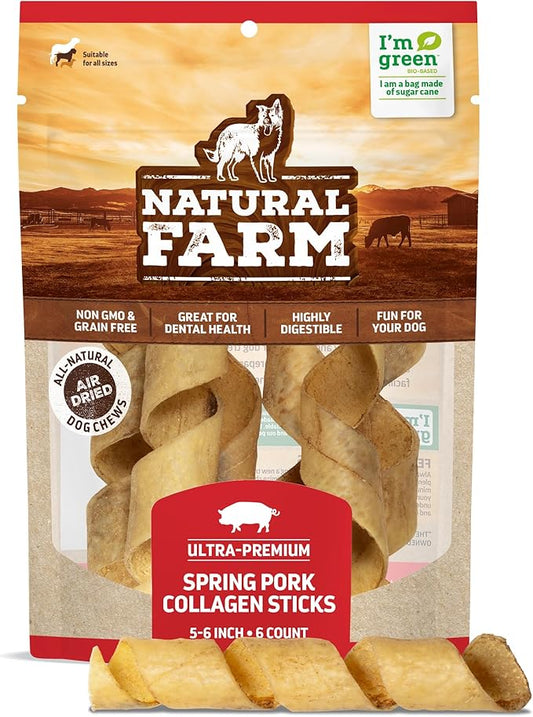 Natural Farm Curly Pork Collagen Sticks (5-6 Inch, 6 pack), Fully Digestible & Natural Dog Chews, Flavorful & Long Lasting, Best for Small & Medium Chewers, Odor-Free Rawhide Alternative