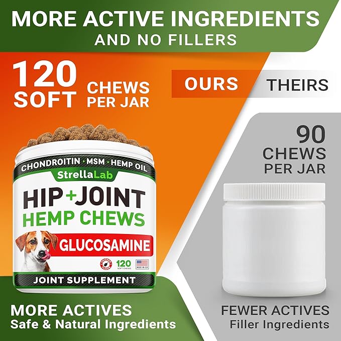 Advanced Hemp + Glucosamine Dog Joint Supplement - Hip Joint Pain Relief - Mobility Hemp Chews for Dogs - Chondroitin, MSM, Omega - Hemp Oil Treats - Made in USA - Lamb Flavor - 120 Hemp Treats
