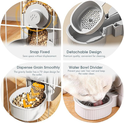 Hanging Cage Automatic Small Pet Food Bowl Water Bottle Dispenser, Detachable Auto Gravity 1.2L Self-Feeding Feeder and 0.52L Waterer Set Kennel Feeding Station for Puppy Cats Rabbit(Grey)