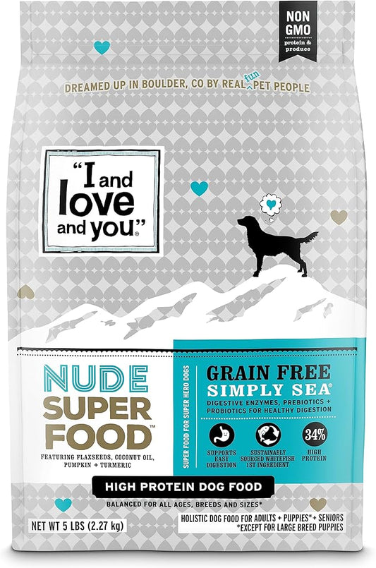 I and love and you Nude Super Food Dry Dog Food - Salmon + Whitefish - Prebiotic + Probiotic, Grain Free, Real Meat, No Fillers, 5lb Bag