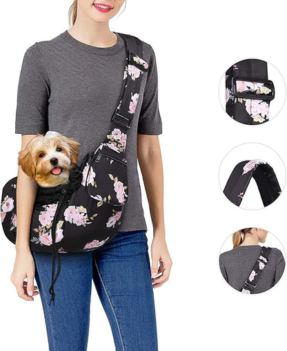 MOSISO Dog Cat Sling Carrier, Pet Dog Carrier Camellia Tote Bag Hands Free Adjustable Padded Strap Breathable Polyester Soft Carrying Travel Shoulder Bag with Front Pocket for Small Dog Cat, Black
