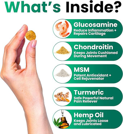 Hemp Hip and Joint Supplement for Dogs - Glucosamine for Dogs - 170 Dog Joint Pain Relief Treats - Chondroitin, MSM, Hemp Oil - Advanced Dog Joint Supplement Health - Mobility Support Chews