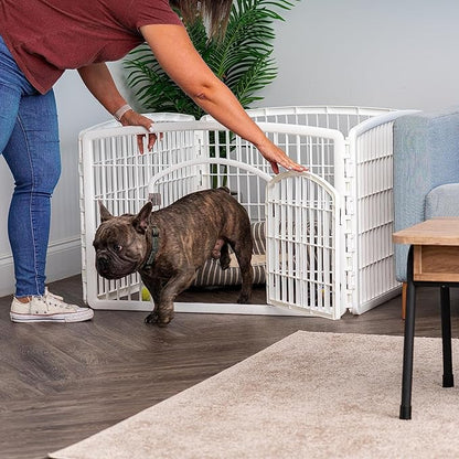 IRIS USA Dog Playpen, 4-Panel 24" Pet Playpen with Door, Puppy Playpen, Indoor/Outdoor Dog Pen, 35 x 35 x 24, Foldable, Customizable, White