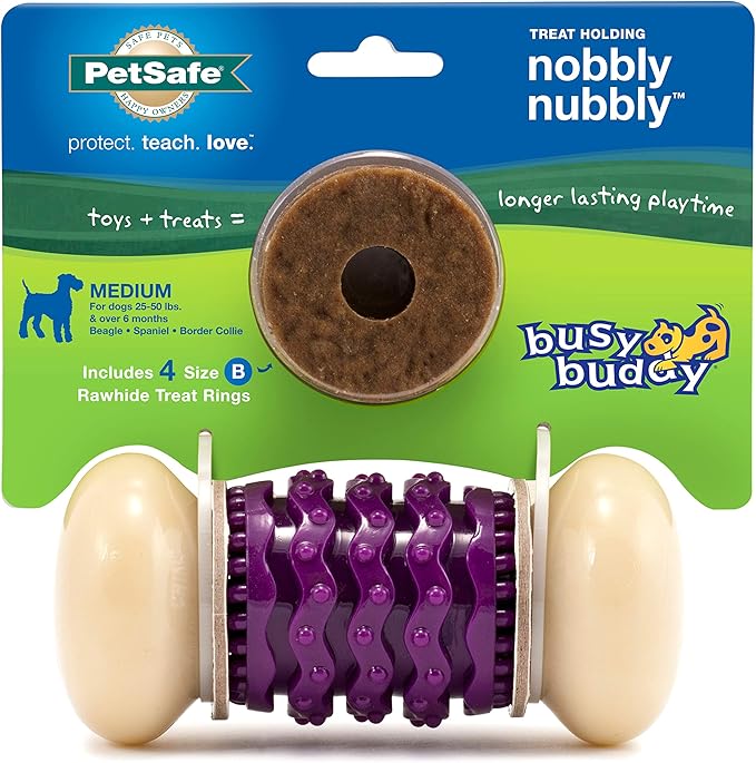 PetSafe Busy Buddy Nobbly Nubbly Treat Holding Dog Toy – Strong Chewers – Challenging - Treat Rings Included - Medium