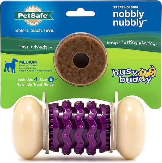 PetSafe Busy Buddy Nobbly Nubbly Treat Holding Dog Toy – Strong Chewers – Challenging - Treat Rings Included - Medium