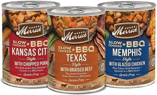 Merrick Slow-Cooked BBQ Premium Real Meat Canned Wet Dog Food Variety Pack, Beef, Chicken And Pork Recipes - (Pack of 1) 9.5 lb. Cans