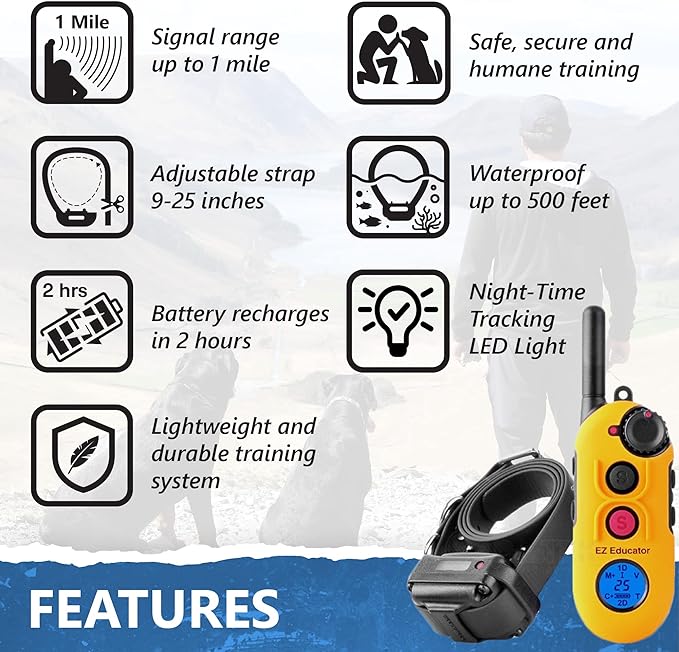 E-Collar Educator EZ-900-1/2 Mile Remote Waterproof Dog Trainer - Static, Vibration and Sound Stimulation collar with PetsTEK Dog Training Clicker
