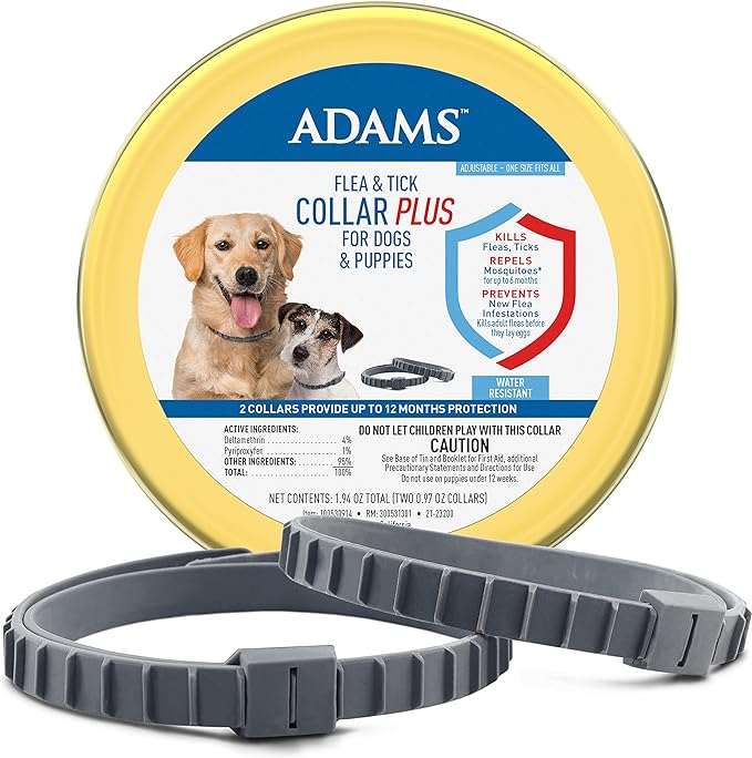 Adams Flea & Tick Collar Plus for Dogs & Puppies |2 Pack |12-Month Protection |One Size Fits All Dogs & Puppies 12 Weeks and Older |Kills Fleas and Ticks |Repels Mosquitoes (excluding California)