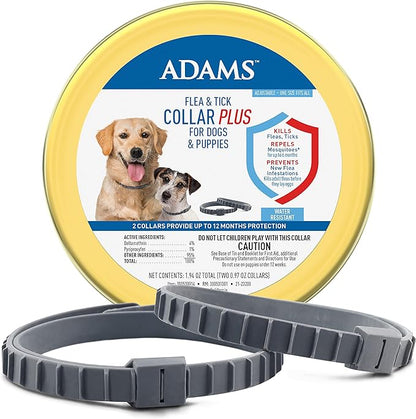 Adams Flea & Tick Collar Plus for Dogs & Puppies |2 Pack |12-Month Protection |One Size Fits All Dogs & Puppies 12 Weeks and Older |Kills Fleas and Ticks |Repels Mosquitoes (excluding California)